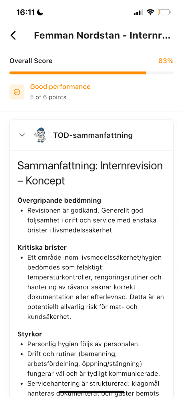 Audit summary with Tod AI insights