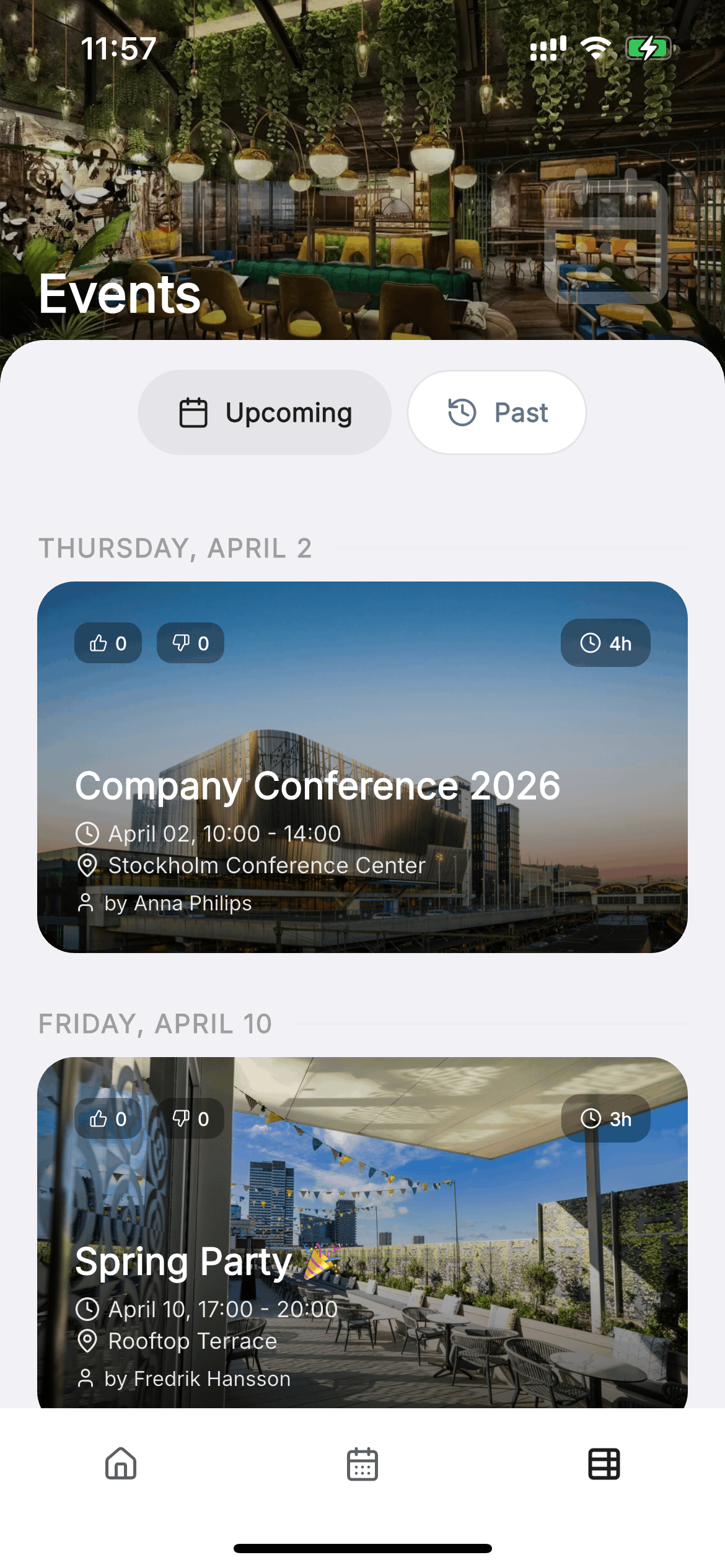 Todolo mobile screen showing upcoming planned events.