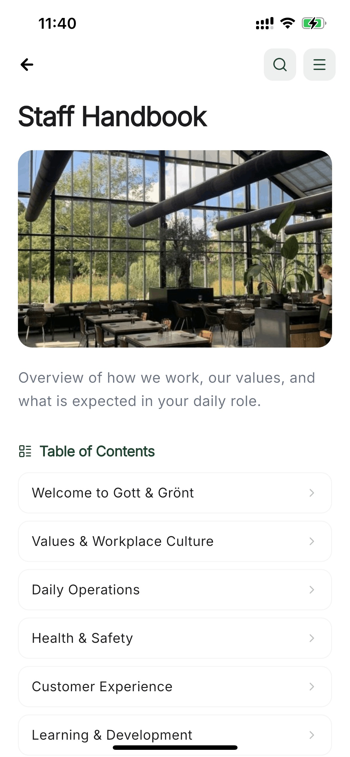 Todolo staff handbook module landing screen on mobile.